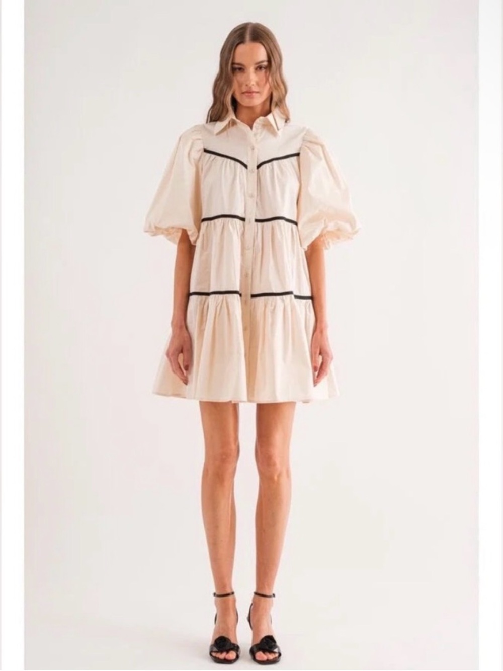 NWT Cream Puff-Sleeve Tiered Mini Dress with Black Trim Sofia the Label